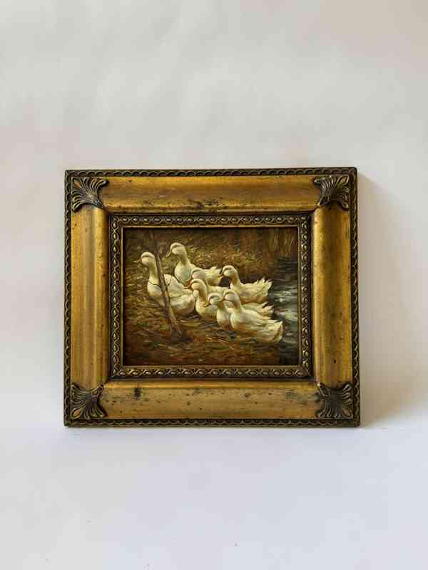 Bílé kachny - obraz ve zlatém zdobeném rámu
