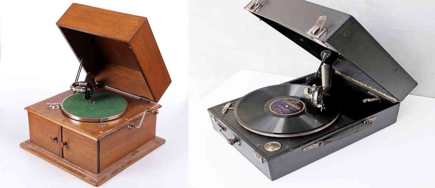 Starožitné gramofony na kličku, šelakové gramodesky, jehly - foto 1