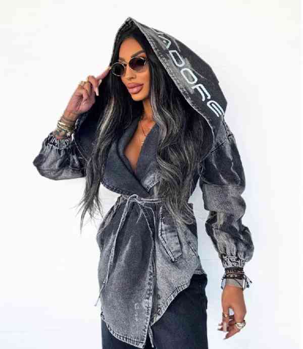 Moderny damsky sedy asymetricky kabat s kapucnou NOVY - foto 2