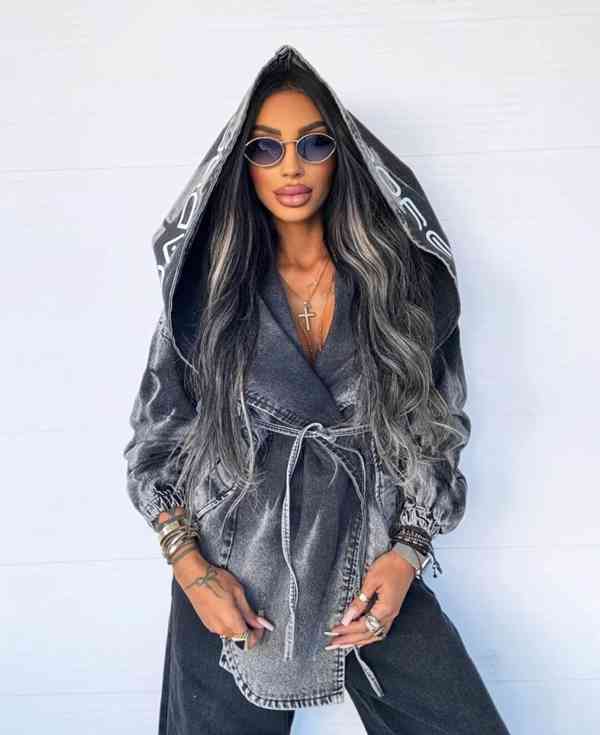 Moderny damsky sedy asymetricky kabat s kapucnou NOVY - foto 3