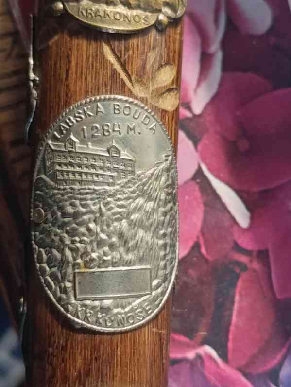 Starožitná turistická hůl s 12ti kovovými štítky - foto 8