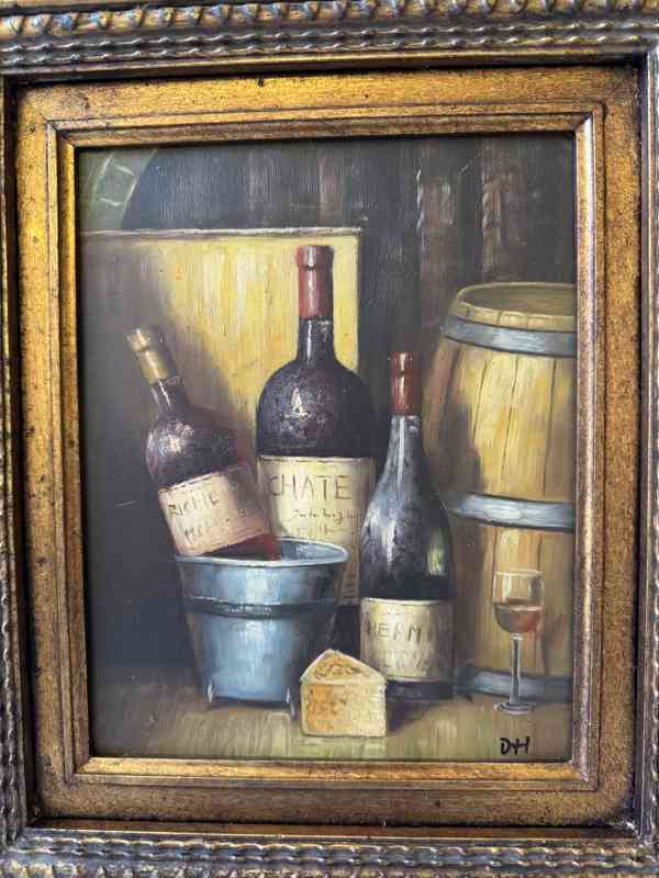Lahev a sud vína - obraz ve zlatém zdobeném rámu - foto 2
