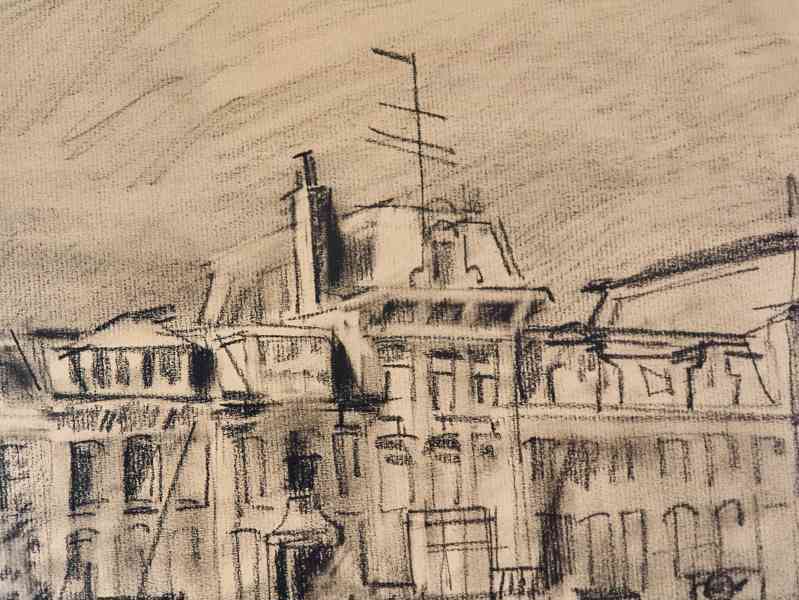 Kresba uhlem Engelman 1980, městské nábřeží, Amsterdam - foto 4