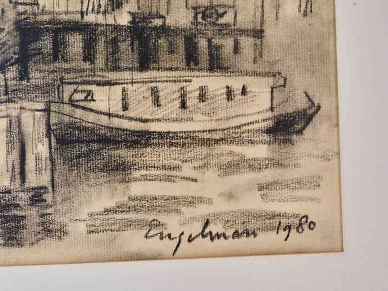 Kresba uhlem Engelman 1980, městské nábřeží, Amsterdam - foto 5