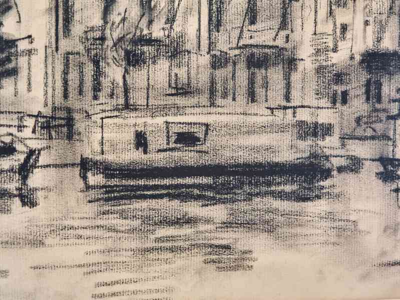 Kresba uhlem Engelman 1980, městské nábřeží, Amsterdam - foto 3