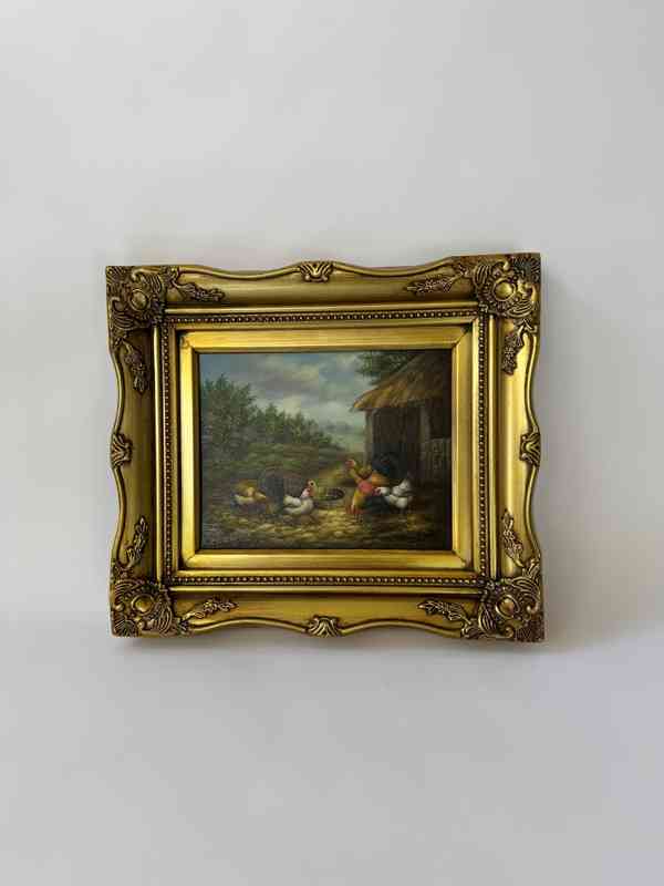 Kurník kohout slepice - obraz ve zlatém zdobeném rámu - foto 1