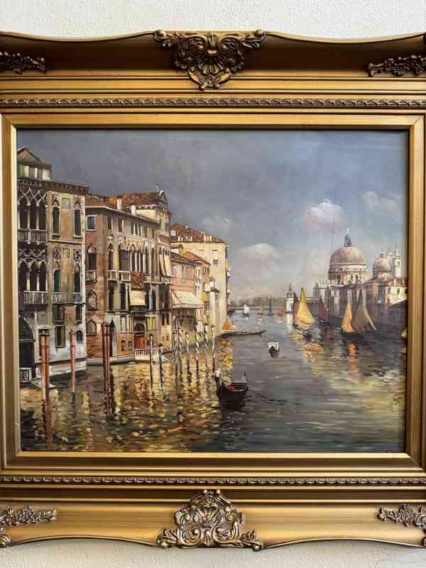 Benátky lodě moře - obrázek ve zlatém zdobeném rámu  - foto 2