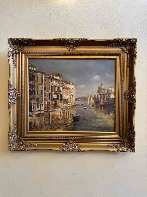 Benátky lodě moře - obrázek ve zlatém zdobeném rámu  - foto 1