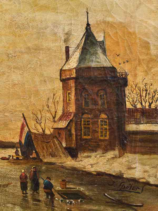 Zimní krajina s bruslaři – J. Spolet (1854–1912), olej - foto 3