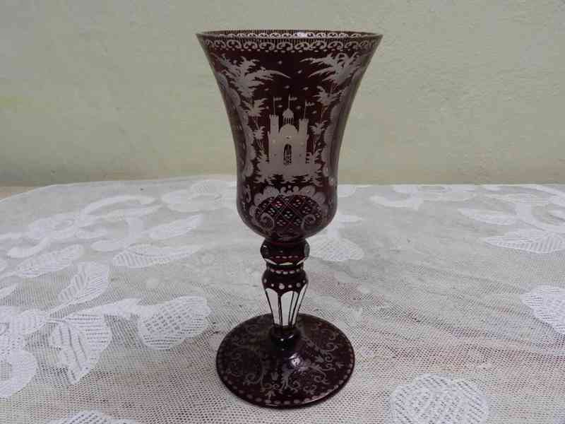 Krásný starý rubínový pohár Sklenice Hrad Myslivost Egermann - foto 1