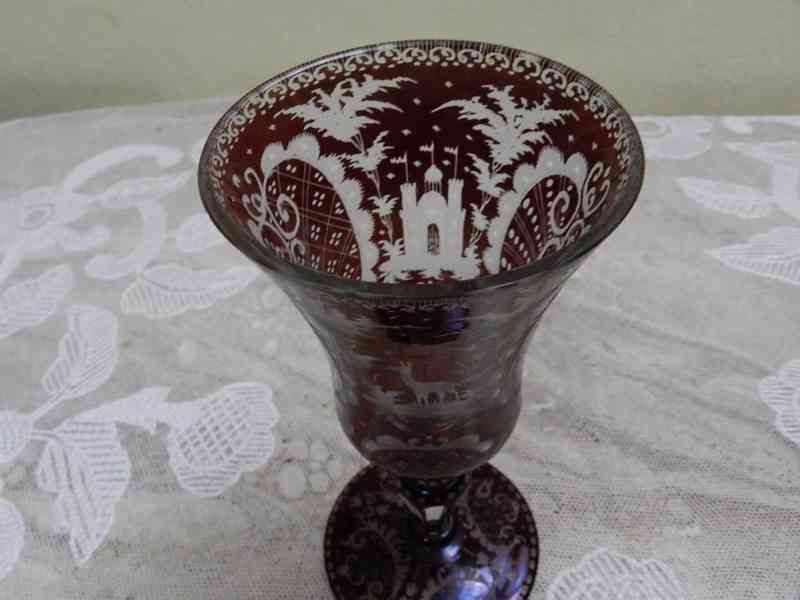 Krásný starý rubínový pohár Sklenice Hrad Myslivost Egermann - foto 5