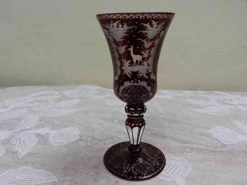 Krásný starý rubínový pohár Sklenice Hrad Myslivost Egermann - foto 4