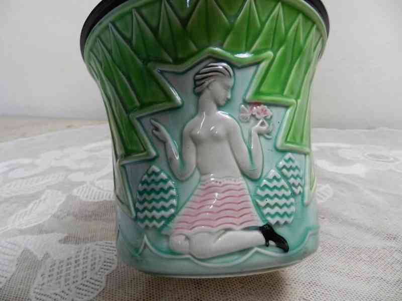 Krásný Art Deco zelený Květináč Květník s Akty  - foto 4