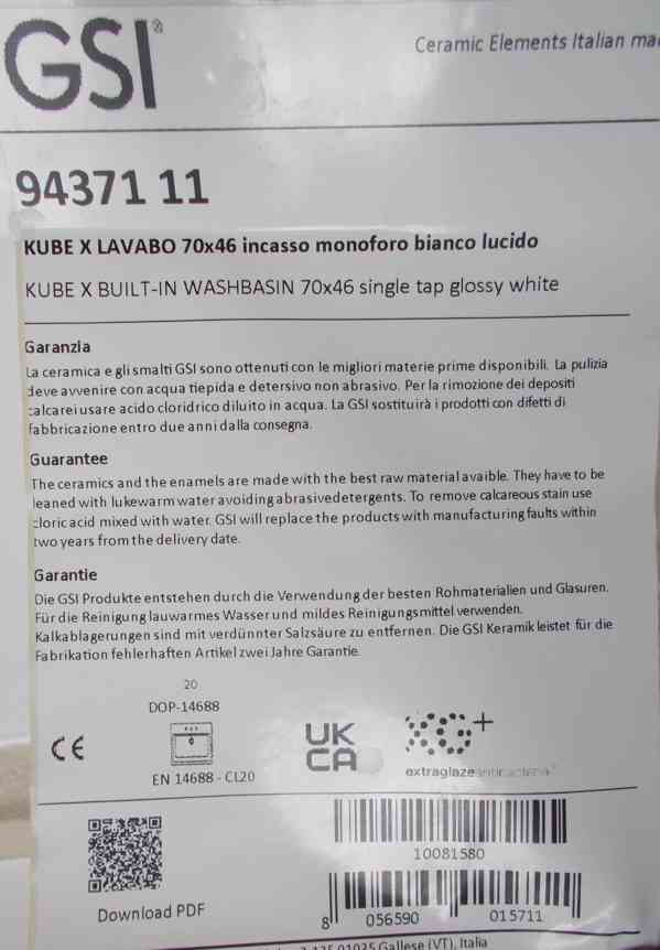 Umyvadlo keramické zápustné GSI KUBE X 70x46cm, bílá ExtraGl - foto 5
