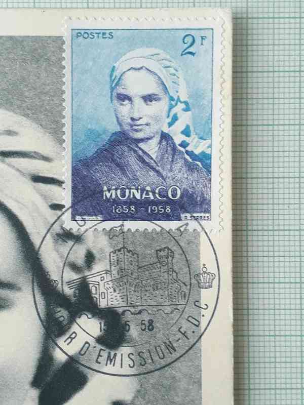  Bernadette Soubirous, Lurdy - známka a razítko Monako 1958 - foto 2