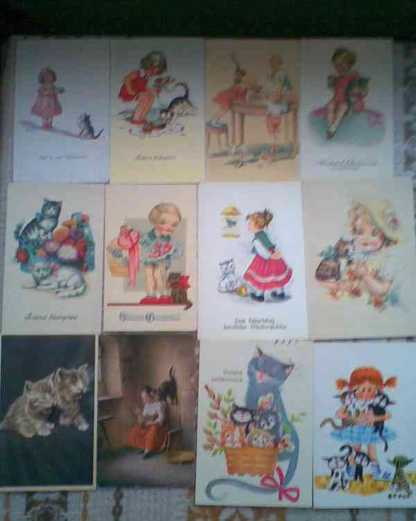 Retro pohlednice kočky, květiny - foto 7