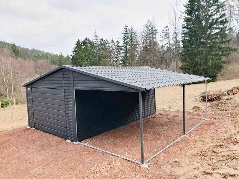 Plechová garáž 4x6 - přístřešek 3,5x6 - výklopná vrata TS626 - foto 7