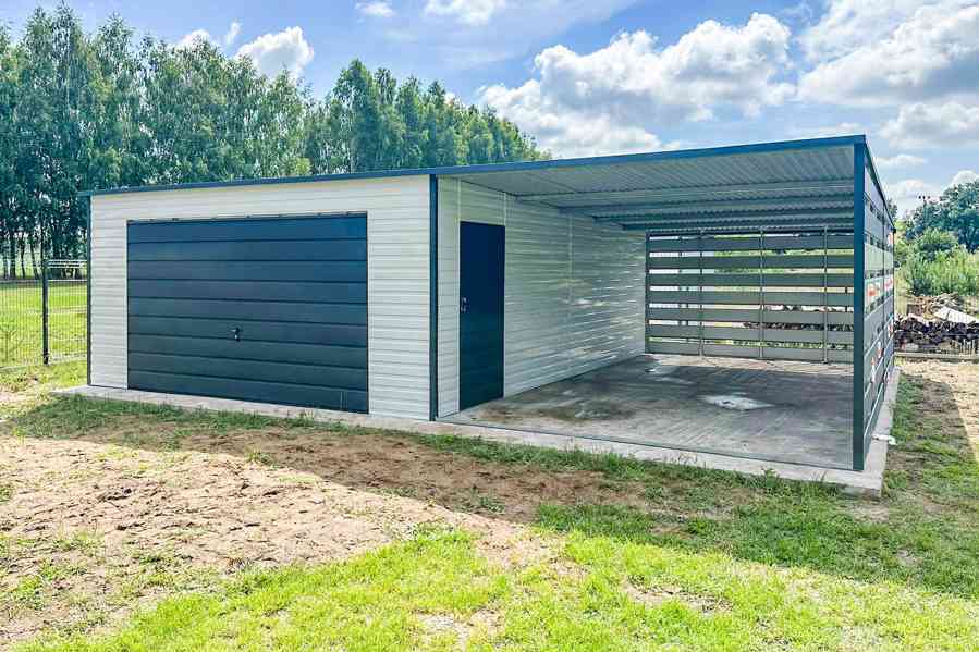 Plechova garáž 4x6m +  přístřešek 4m -  výklopná vrata TS699 - foto 3