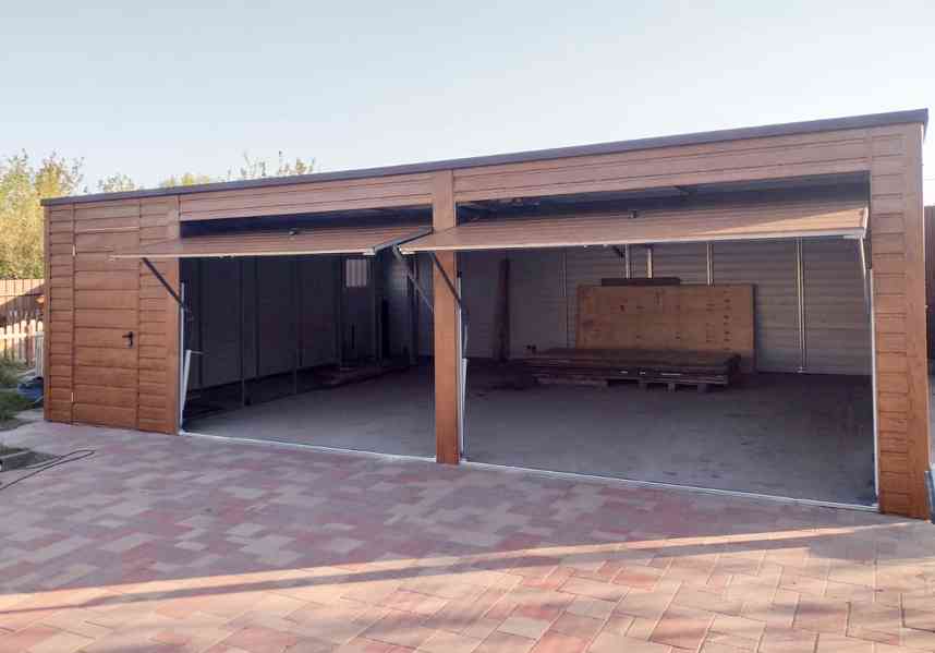 Plechová garáž 8m x 6m  spád dozadu - 2x Výklopná vrata TS31 - foto 3