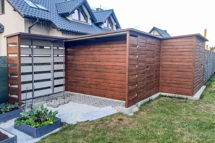 Zahradní domek 5x5 přístřešek 2x  dveře světlý ořech TS656 - foto 2