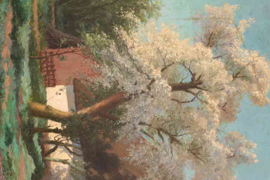 Obraz chalupa za rozkvetlými stromy. Sign 1941 144 X 117,5 c - foto 4
