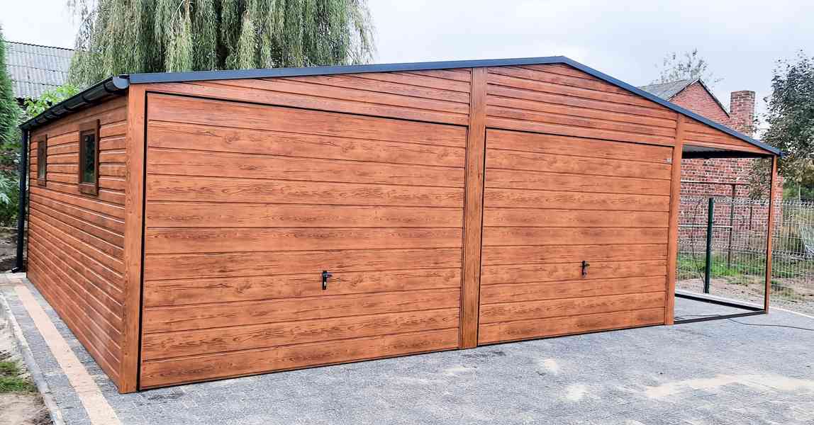Plechová garáž 6x6m + 2m přístřešek, sedlová střecha TS263 - foto 2