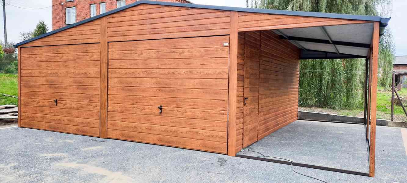 Plechová garáž 6x6m + 2m přístřešek, sedlová střecha TS263 - foto 3