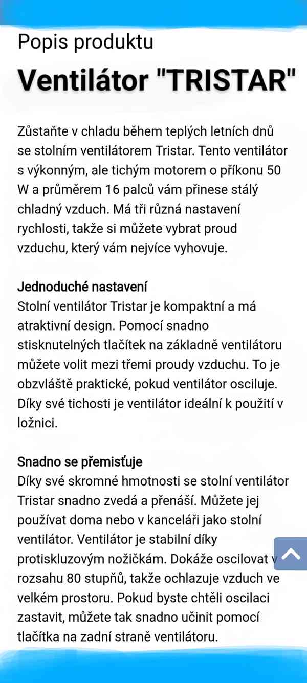 Zcela NOVÝ !! STOLNÍ VENTILÁTOR - "Tristar". ( 50 W, 40 cm ) - foto 7