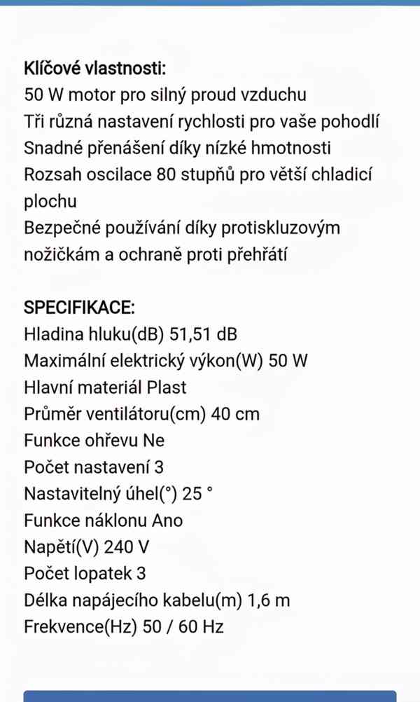 Zcela NOVÝ !! STOLNÍ VENTILÁTOR - "Tristar". ( 50 W, 40 cm ) - foto 5