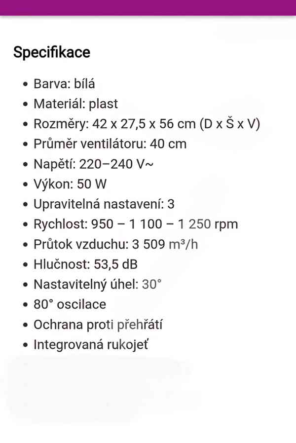 Zcela NOVÝ !! STOLNÍ VENTILÁTOR - "Tristar". ( 50 W, 40 cm ) - foto 6