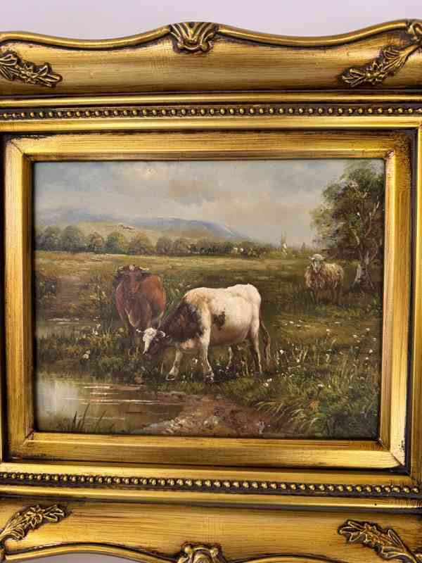 Krávy ovce rybník - obr. ve zlatém zdobeném rámu - foto 2