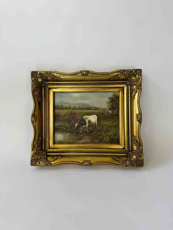 Krávy ovce rybník - obr. ve zlatém zdobeném rámu
