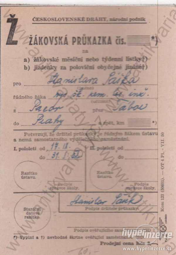 Žákovská průkazka pro: Stanislav Šašek 1951 - foto 1
