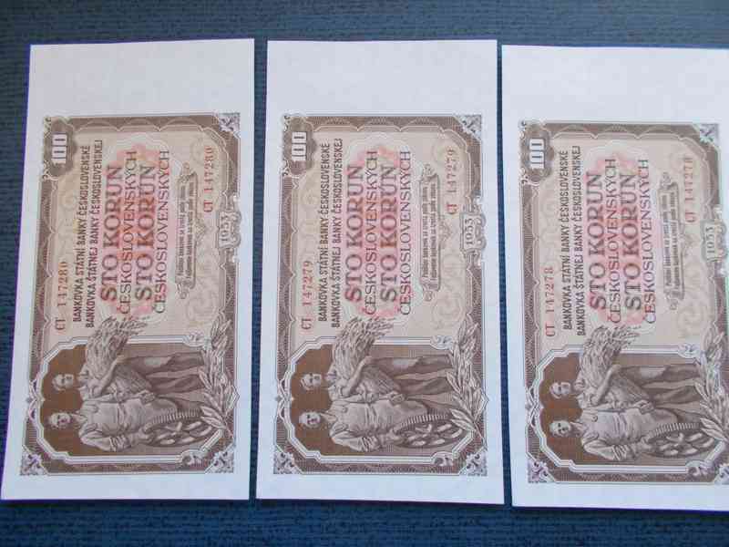 Tři po sobě jdoucí bankovky 100Kčs z roku 1953 - UNC - foto 1