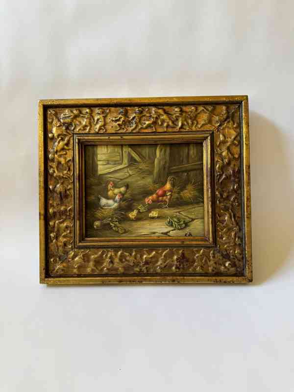 Obraz ve zlatém zdobeném rámu -kohout slepice kuře - foto 1