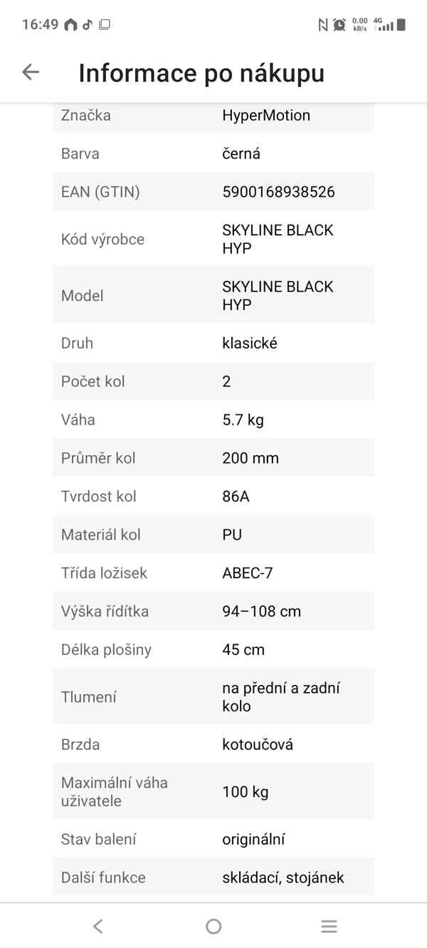 Koloběžka HyperMotion Skyline - černá hliníková- nová  - foto 5
