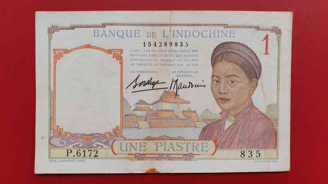 Bankovka FRANCOUZSKÁ INDOČÍNA z oběhu 1 Piaster rok 1936 - foto 1