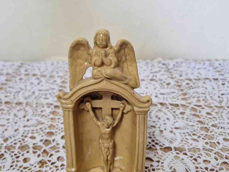 Krásná velmi stará kameninová Kropenka Ježíš a Anděl - foto 2