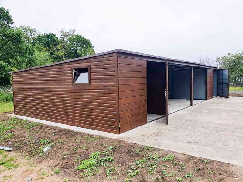 Plechová garáž 12x5m spád dozadu 4x vrata tmavý ořech TS224 - foto 4
