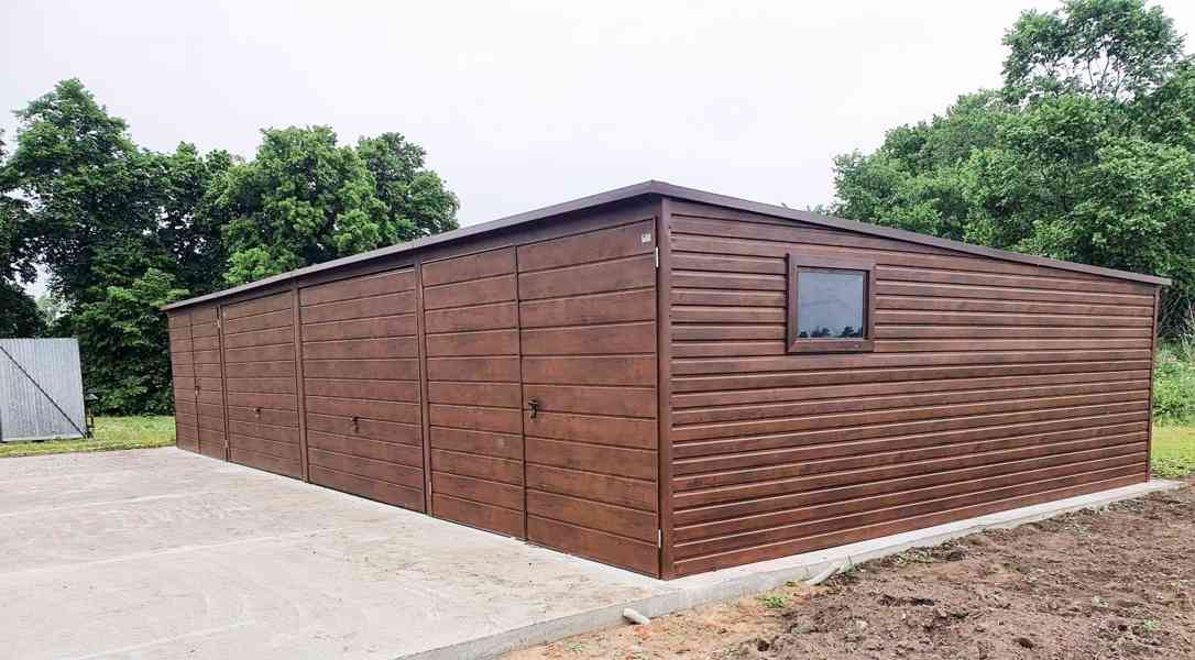 Plechová garáž 12x5m spád dozadu 4x vrata tmavý ořech TS224 - foto 2