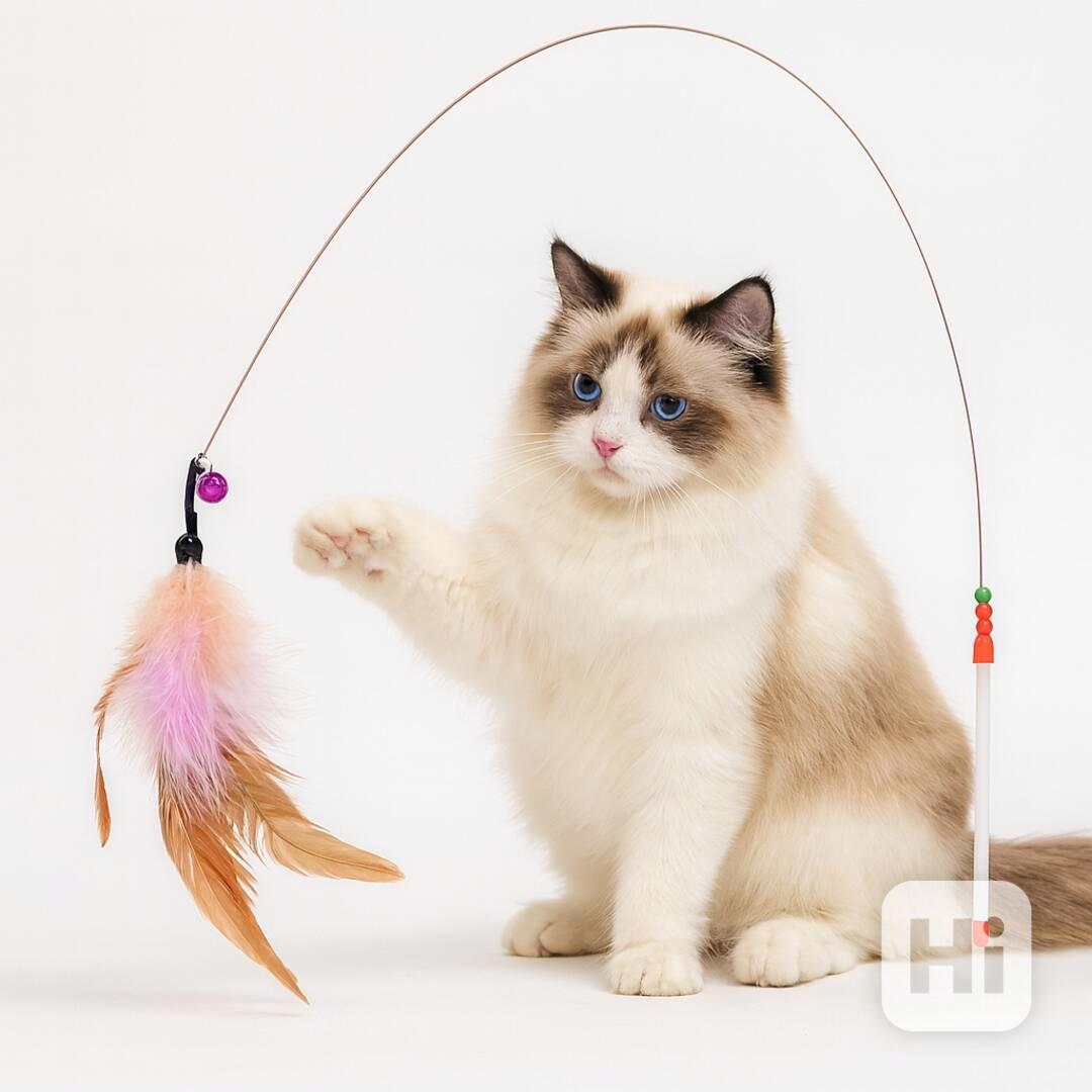 Interaktivní růžový prut s peřím a rolničkou pro kočky  - foto 1