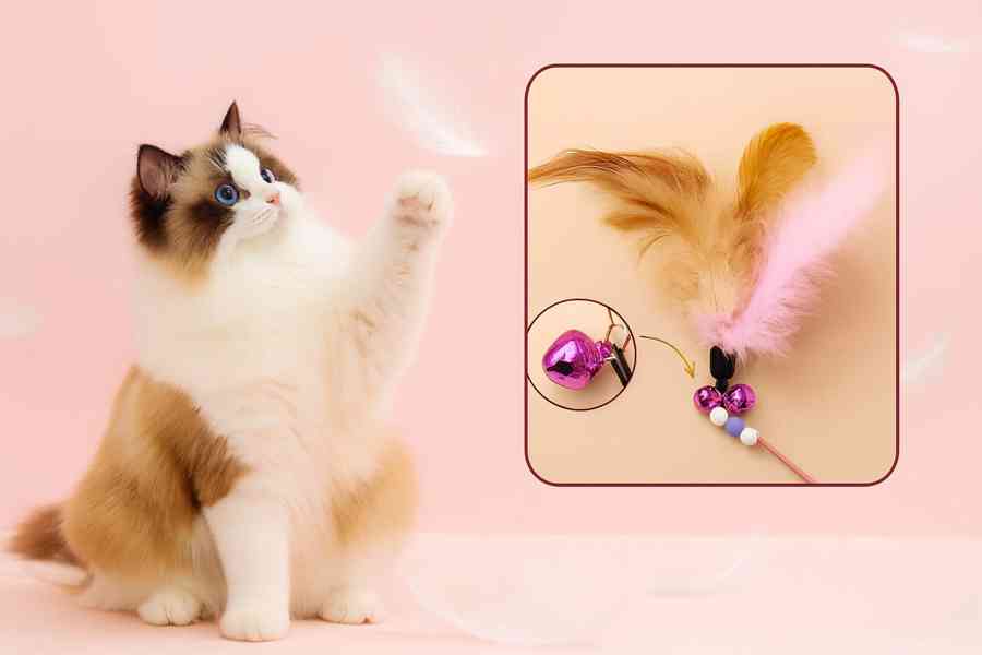 Interaktivní růžový prut s peřím a rolničkou pro kočky  - foto 2