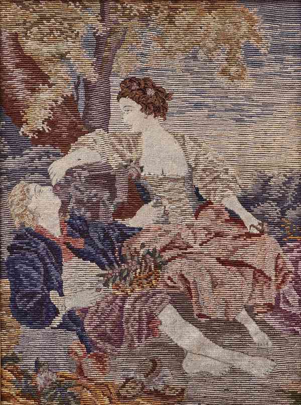 Ručně tkaný gobelín s romantickou scénou v zlaceném rámu 90  - foto 2