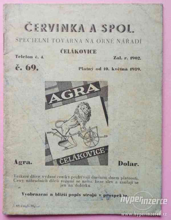 Ceník AGRA, Červinka, Čelákovice - 1939 - foto 1