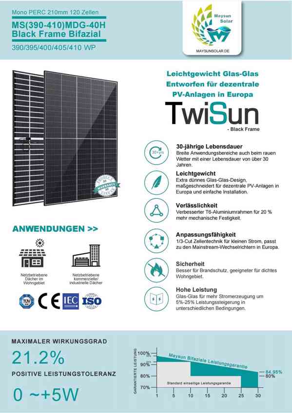 410W Bifaciální sklo Skleněný černý rám Mono solární panels - foto 2