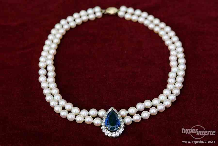 Dvouřadý perlový náhrdelník s brilianty a synt. safírem - foto 1