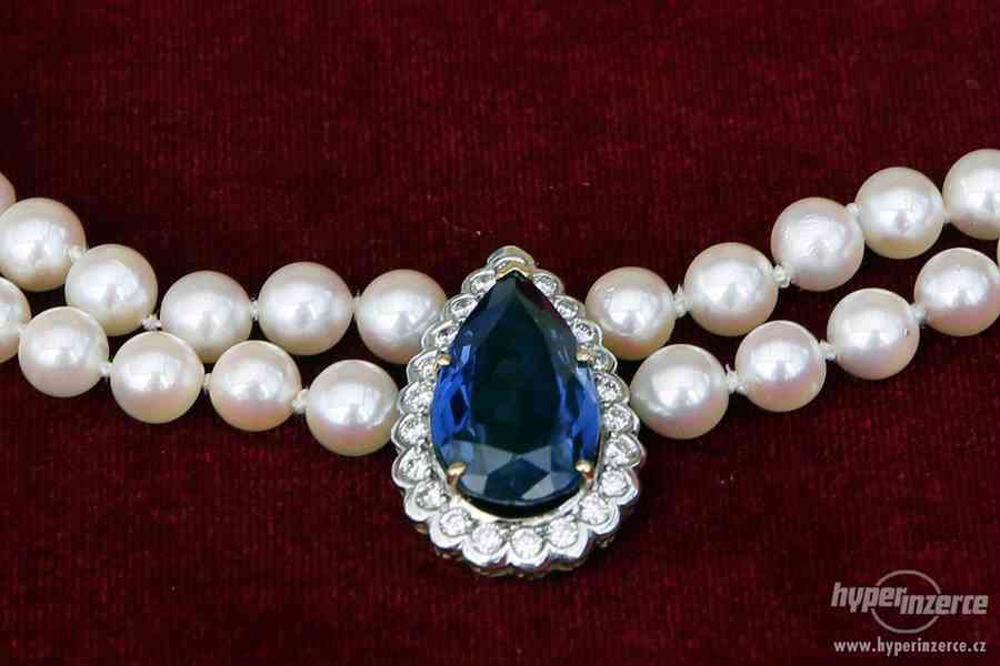 Dvouřadý perlový náhrdelník s brilianty a synt. safírem - foto 2
