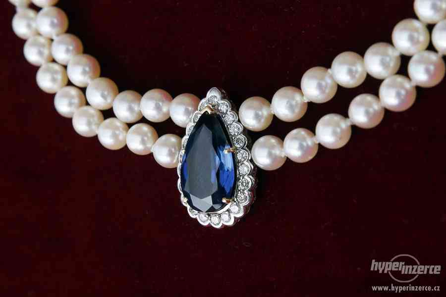 Dvouřadý perlový náhrdelník s brilianty a synt. safírem - foto 3