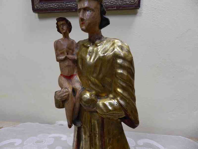 Velmi stará zlacená dřevěná Socha Madona s Ježíškem - foto 4