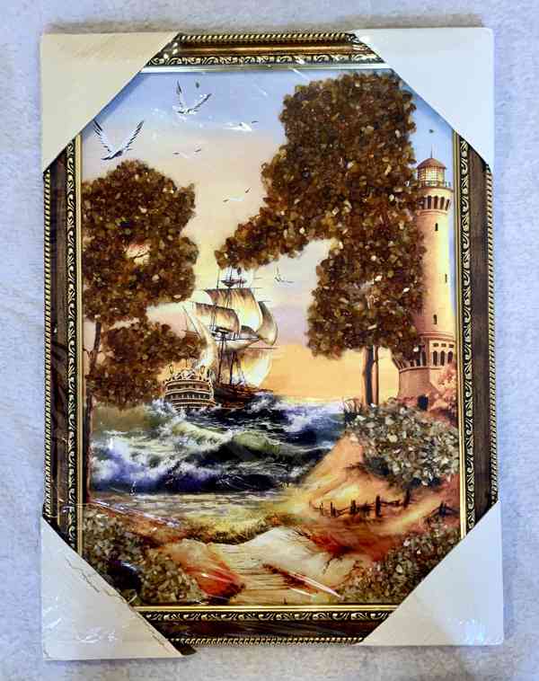 Luxusní jantarový obraz „Maják a plachetnice“ – originál - foto 8